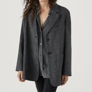 NWT Massimo Dutti Long Blazer Melange Pockets Black‎ Notch Lapel Collar Medium